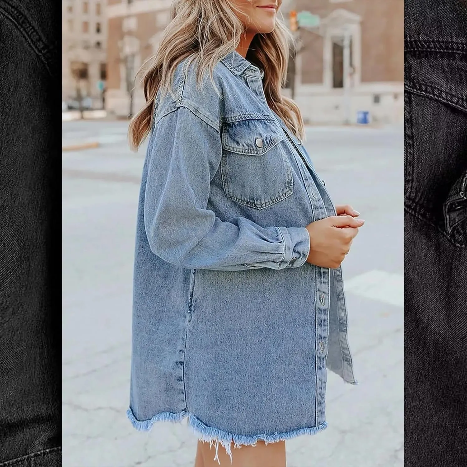 The Beauty North Denim Jacket Casual Denim Button Down Distressed Jacket Long Jean Jackets for Women