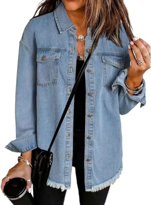 The Beauty North Denim Jacket Casual Denim Button Down Distressed Jacket Long Jean Jackets for Women
