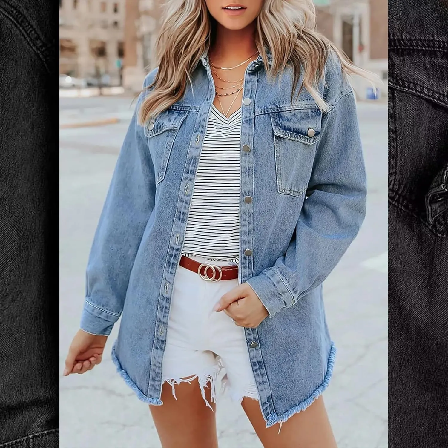 The Beauty North Denim Jacket Casual Denim Button Down Distressed Jacket Long Jean Jackets for Women