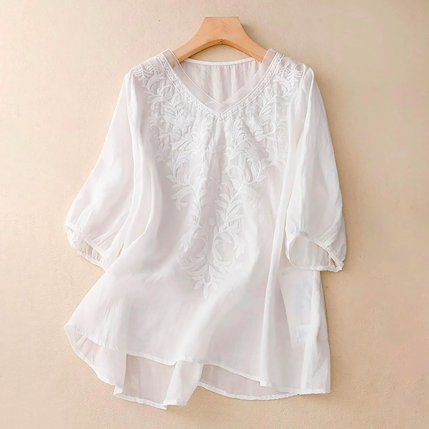 Tops for Women Trendy Summer 2025 Cotton Linen Embroidered T-Shirts Short Sleeve V Neck Blouses Casual Loose Fit Outfits