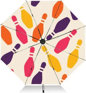 Travel Umbrella for Rain Windproof Bowling game colorful silhouette Automatic Cute Portable Compact Umbrella for Women Purse Backpack Car Black Sun UV Protection