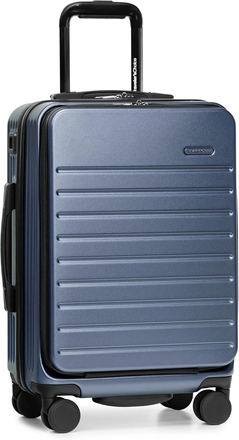 Traveler's Choice Mykel Front Pocket Polycarbonate Hardside Suitcase with Sleeve and Ergonomic Handle, Navy, Carry-On 22-Inch