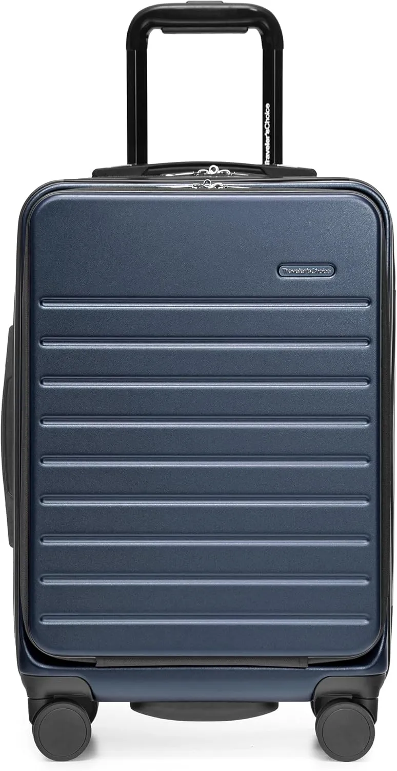 Traveler's Choice Mykel Front Pocket Polycarbonate Hardside Suitcase with Sleeve and Ergonomic Handle, Navy, Carry-On 22-Inch