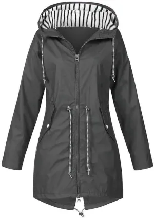 Trench Coat Women Mid Length Zip Up Windproof Rain Jacket Hooded Drawstring Waterproof Jacket with Zipper Pockets