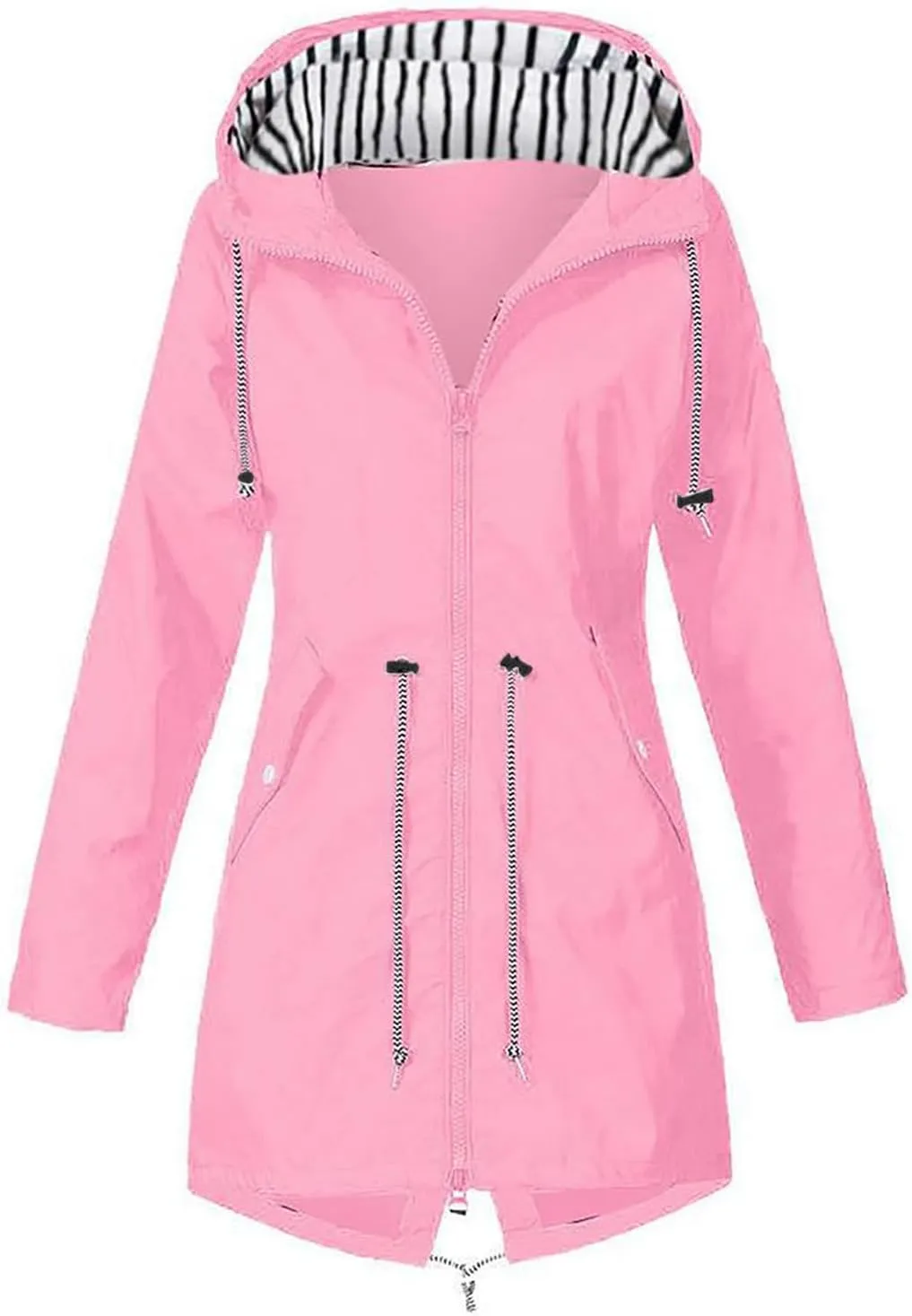 Trench Coat Women Mid Length Zip Up Windproof Rain Jacket Hooded Drawstring Waterproof Jacket with Zipper Pockets