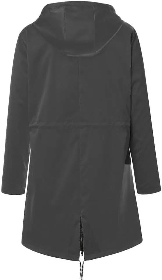 Trench Coat Women Mid Length Zip Up Windproof Rain Jacket Hooded Drawstring Waterproof Jacket with Zipper Pockets