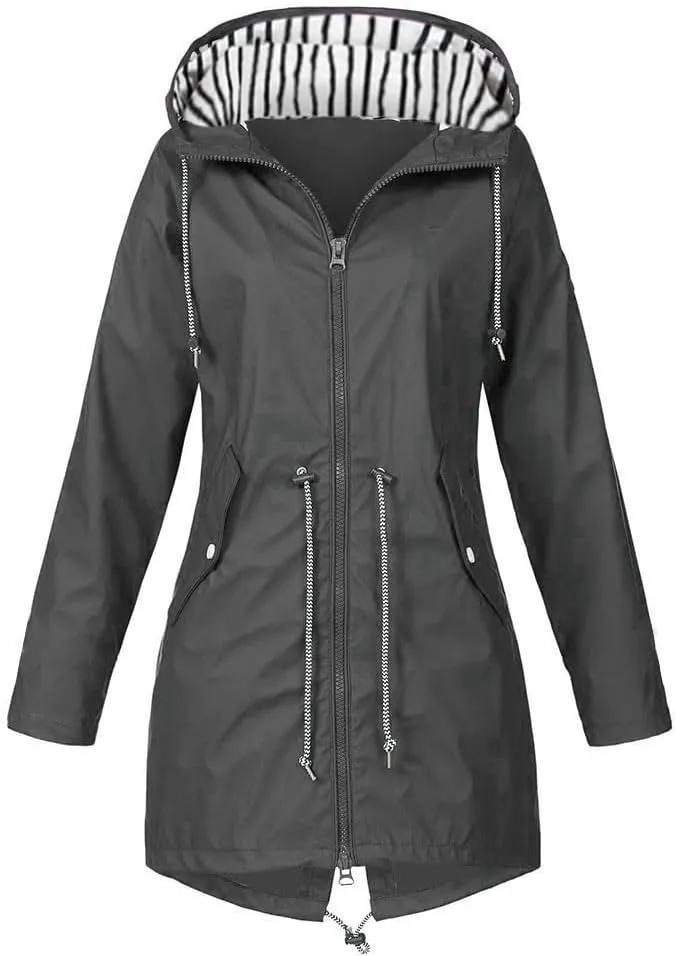 Trench Coat Women Mid Length Zip Up Windproof Rain Jacket Hooded Drawstring Waterproof Jacket with Zipper Pockets