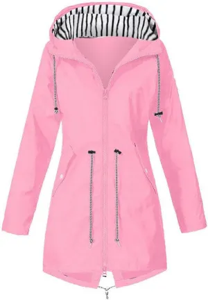 Trench Coat Women Mid Length Zip Up Windproof Rain Jacket Hooded Drawstring Waterproof Jacket with Zipper Pockets