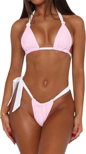 Triangle String Bikini Set for Women Color Block Thong Bikini Sexy Halter Neck Swimwear Brazilian Bathing Suit