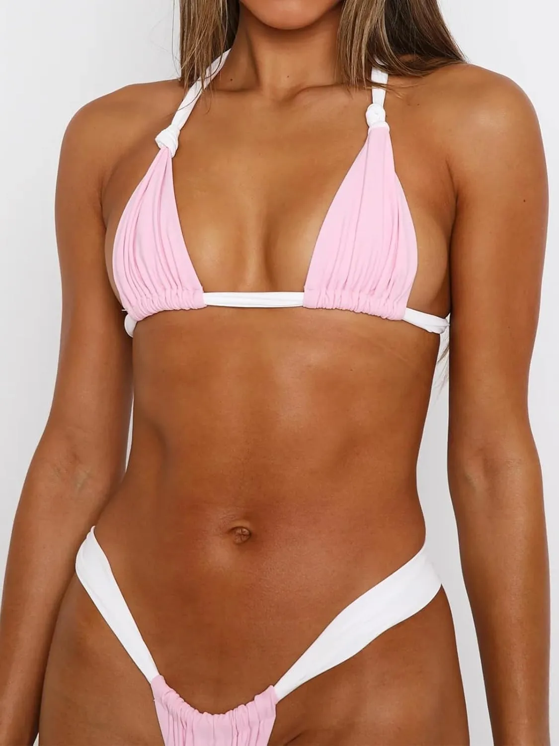 Triangle String Bikini Set for Women Color Block Thong Bikini Sexy Halter Neck Swimwear Brazilian Bathing Suit