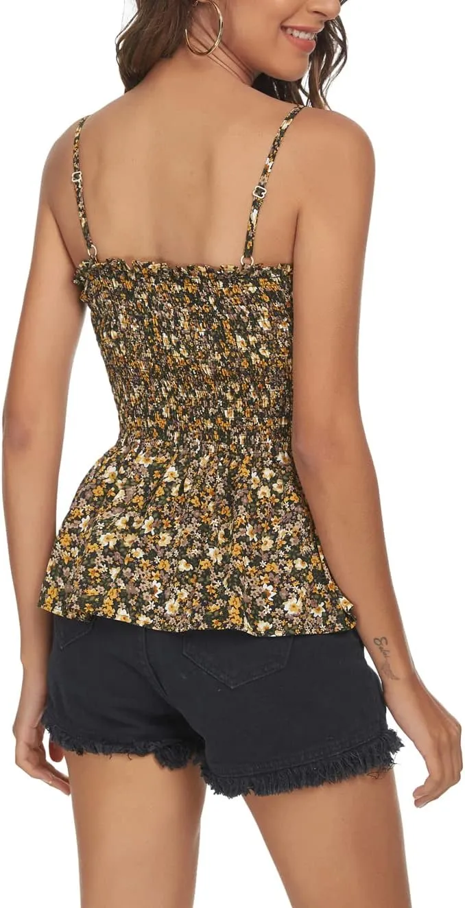 Tribear Women's Casual Frill Smocked Cami Tank Tops Floral Shoulder Strap Vest