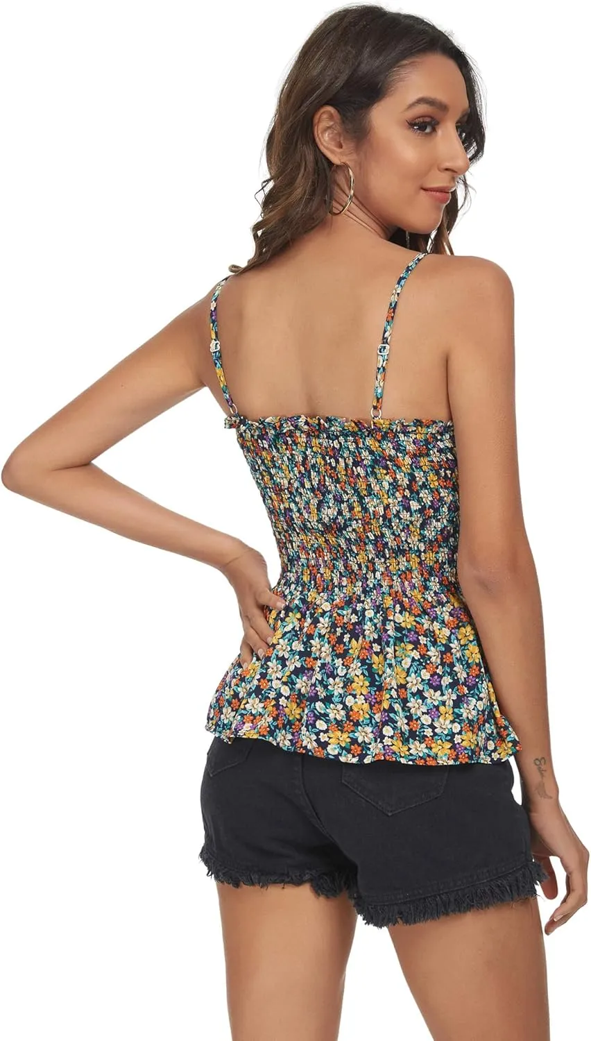 Tribear Women's Casual Frill Smocked Cami Tank Tops Floral Shoulder Strap Vest