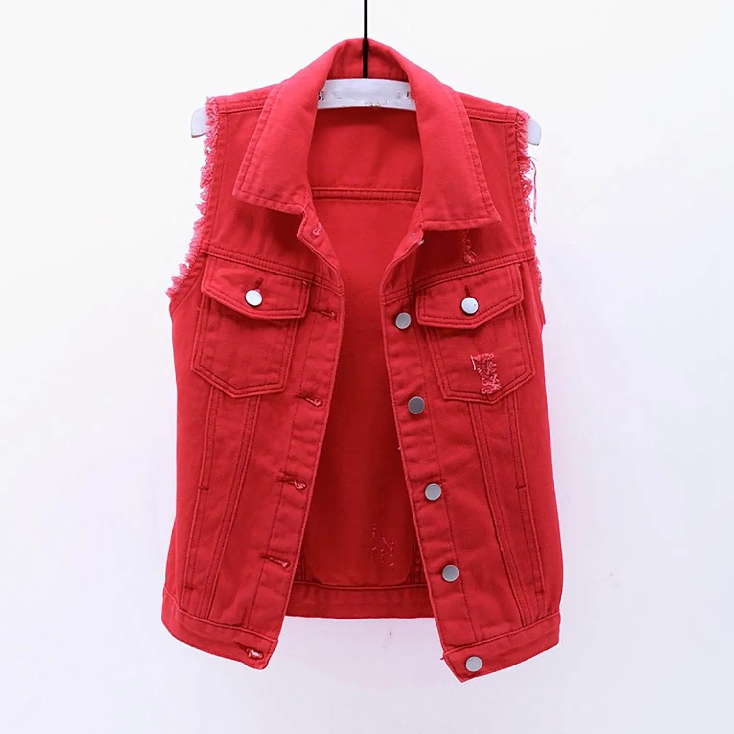 tuduoms Women's Fashion Sleeveless Denim Jacket Casual Lightweight Cropped Jean Jackets Vest Ripped Frayed Denim Waistcoat
