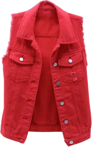 tuduoms Women's Fashion Sleeveless Denim Jacket Casual Lightweight Cropped Jean Jackets Vest Ripped Frayed Denim Waistcoat