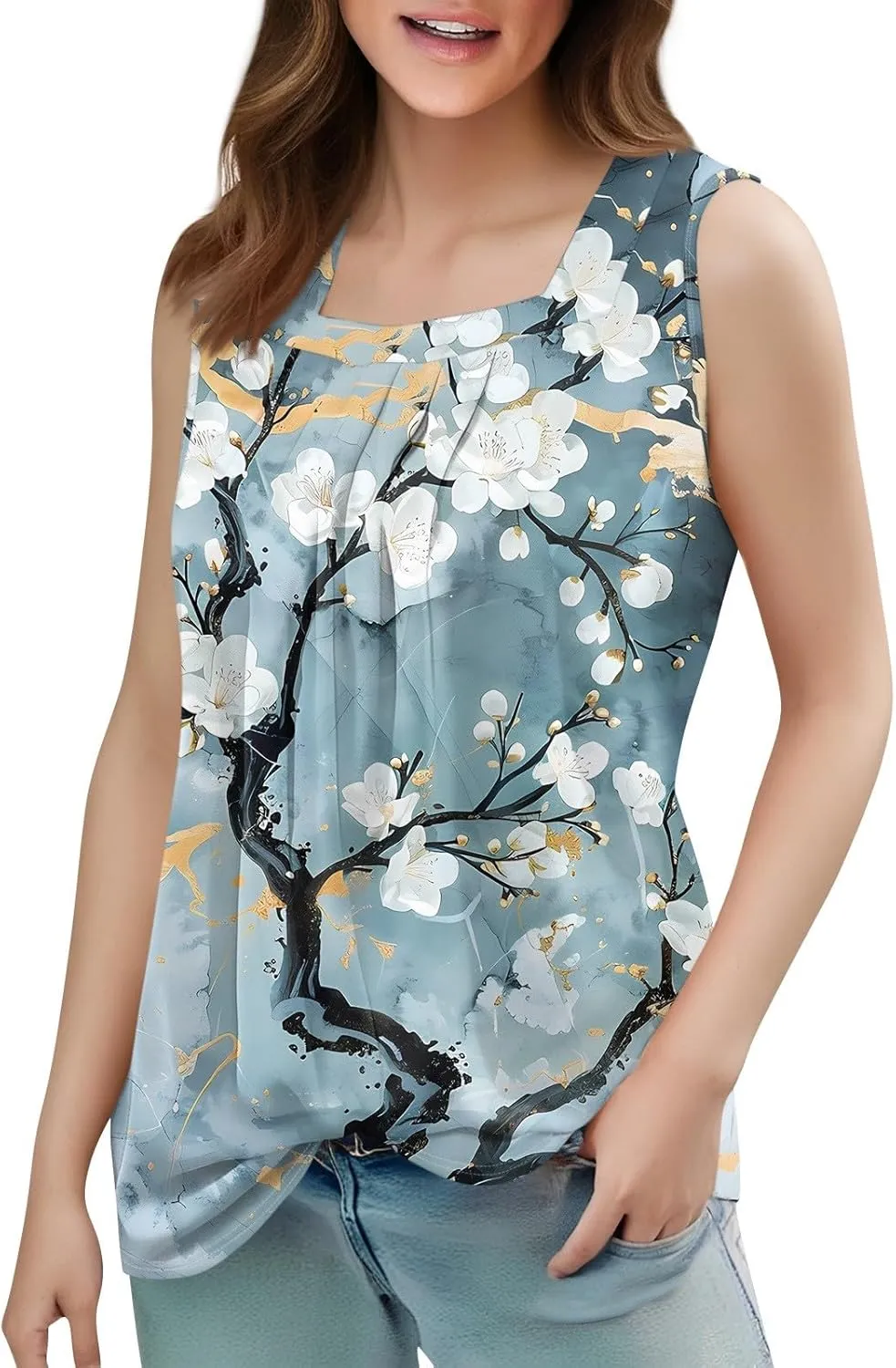 Tunic Tank Tops for Women Flowy Tank Tops for Women Loose Fit Pleated Going Out Outfits Casual Sleeveless Tee Shirts