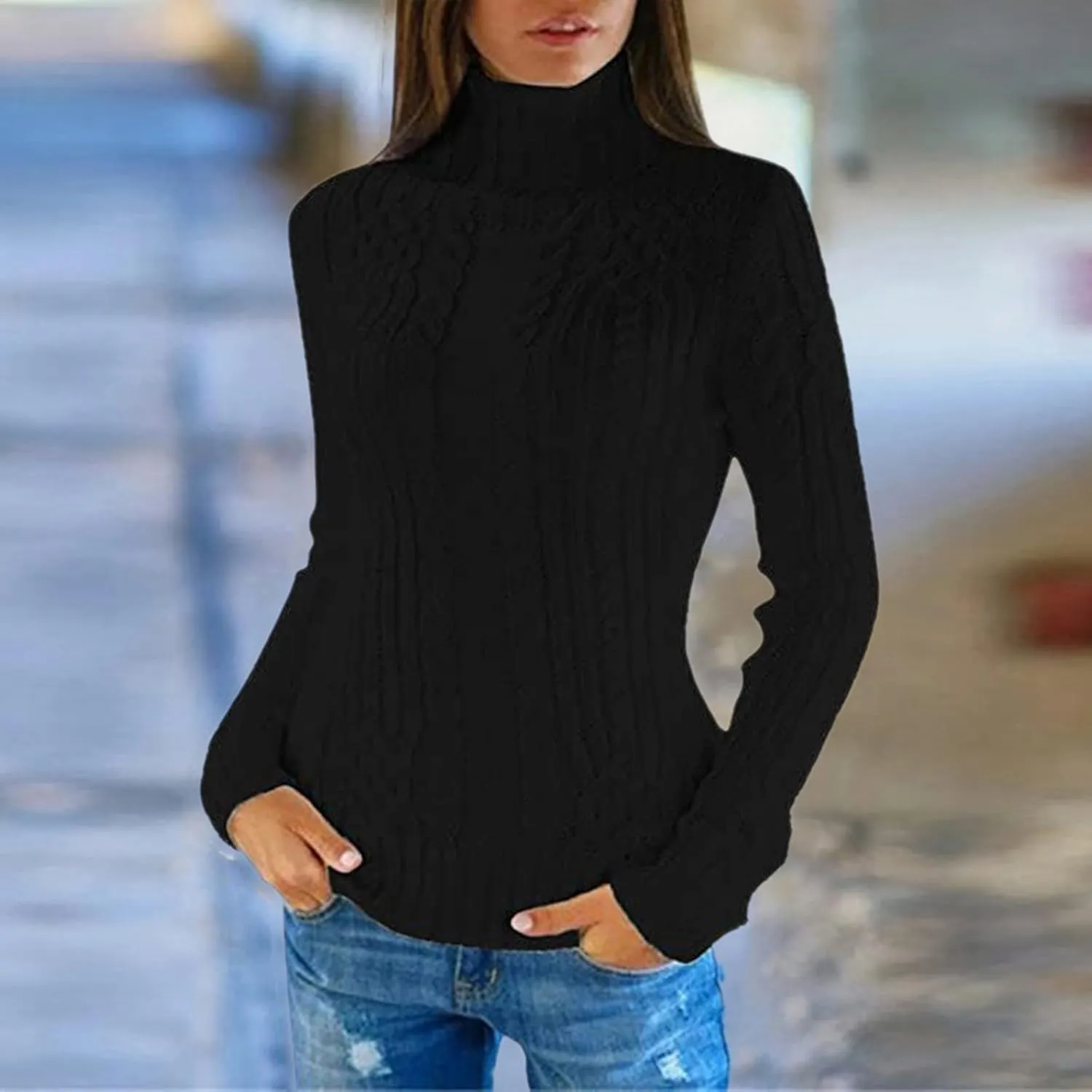 Turtleneck Long Sleeve Shirts Sweater Women's Autumn and Winter Short Pullover Solid Color Loose Sweater Thickened