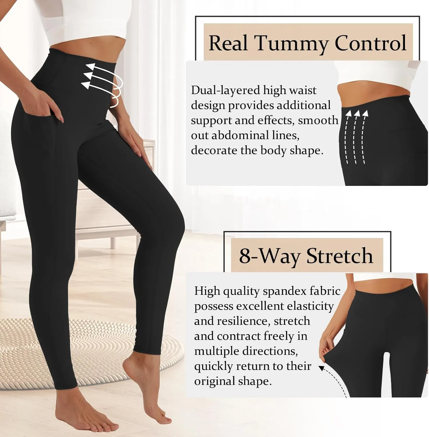 UNACOO Yoga Pants for Women High Waisted Tummy Control Yoga Pants with Pockets Elasticity Yoga Legging