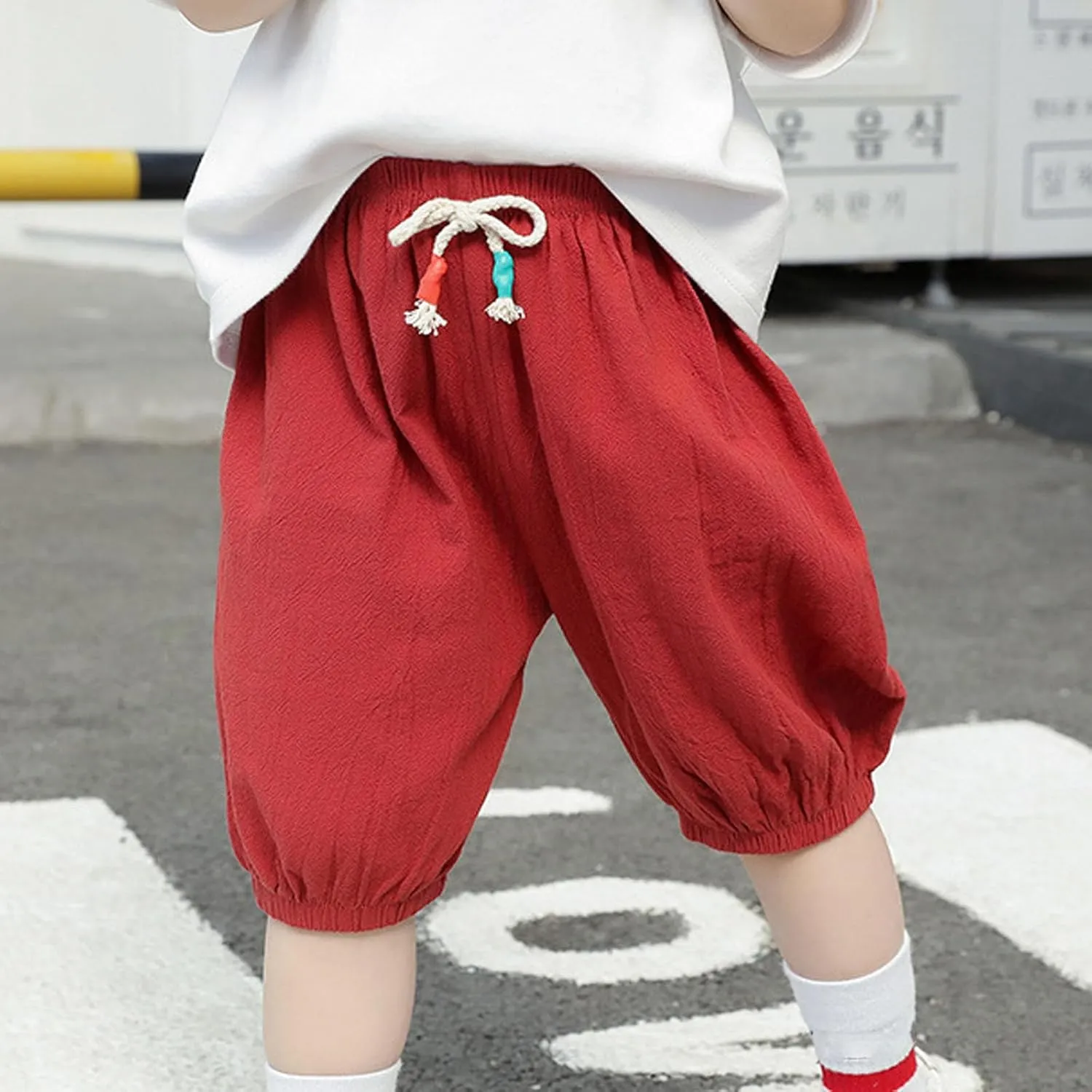 Unisex Kids Hippie Harem Shorts Girls Boys Casual Elastic Drawstring Tapered Pants Solid Baggy Drop Crotch Trouser