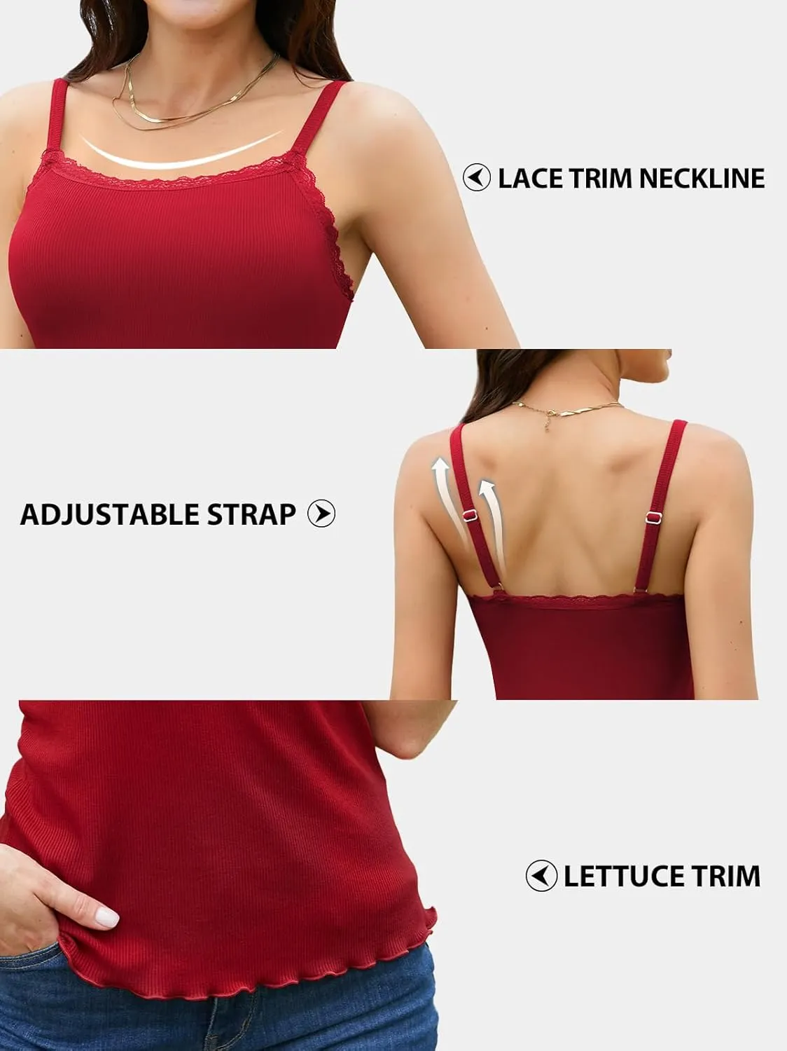 V FOR CITY Camisoles for Women with Built-in Bra Lace Trim Cami Adjustable Spaghetti Strap Lettuce Hem Ribbed Tank Top