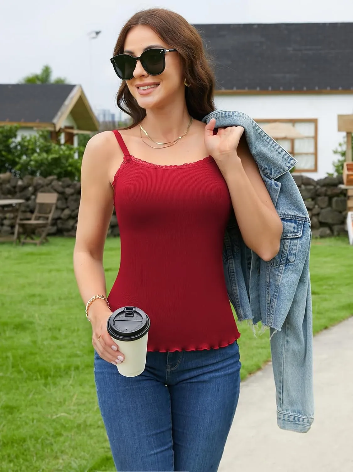 V FOR CITY Camisoles for Women with Built-in Bra Lace Trim Cami Adjustable Spaghetti Strap Lettuce Hem Ribbed Tank Top