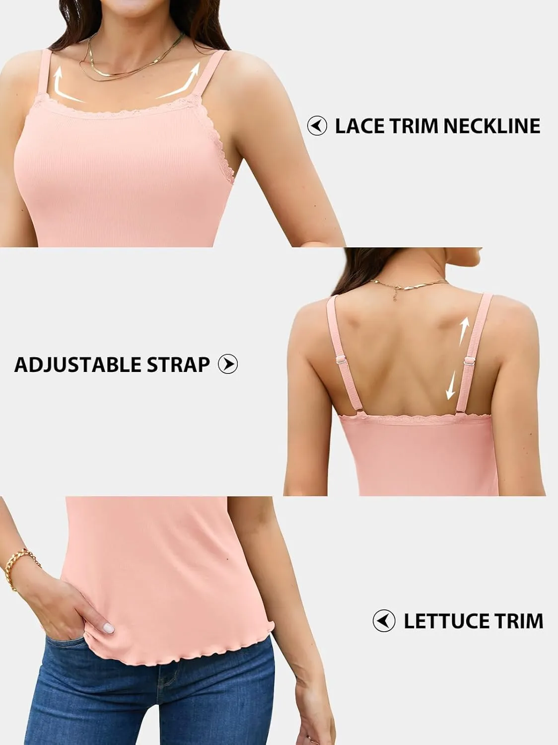 V FOR CITY Camisoles for Women with Built-in Bra Lace Trim Cami Adjustable Spaghetti Strap Lettuce Hem Ribbed Tank Top