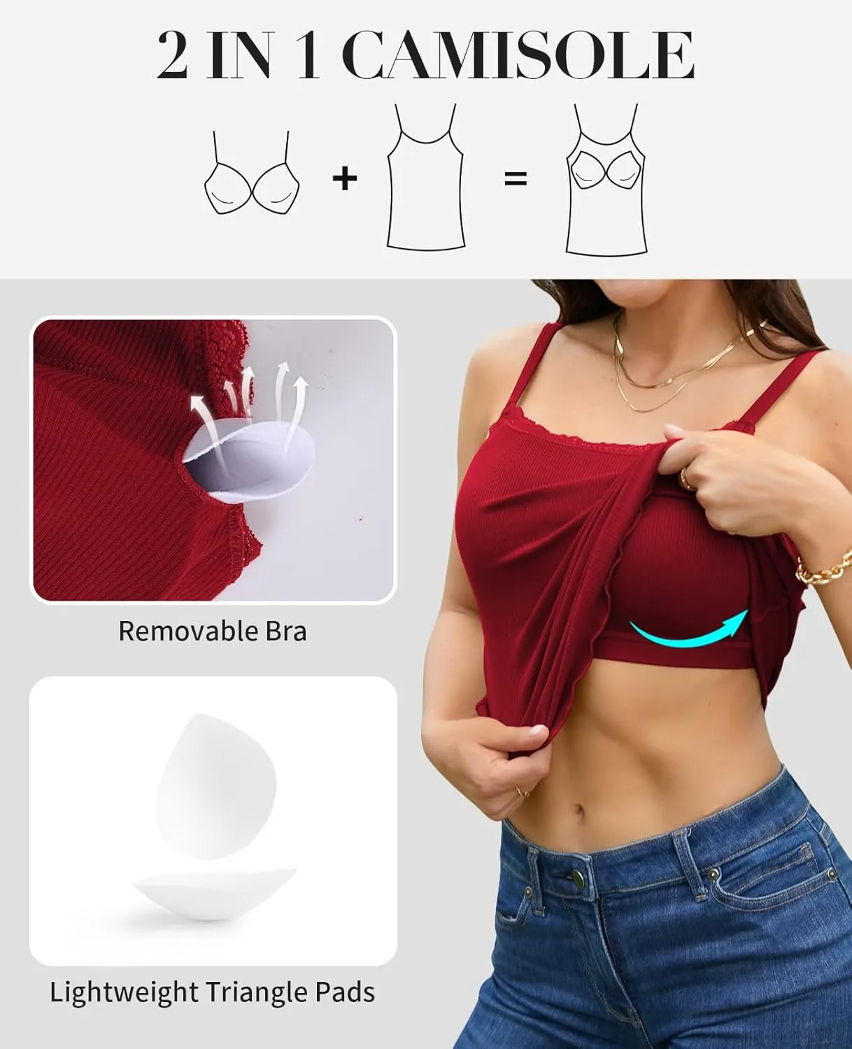 V FOR CITY Camisoles for Women with Built-in Bra Lace Trim Cami Adjustable Spaghetti Strap Lettuce Hem Ribbed Tank Top