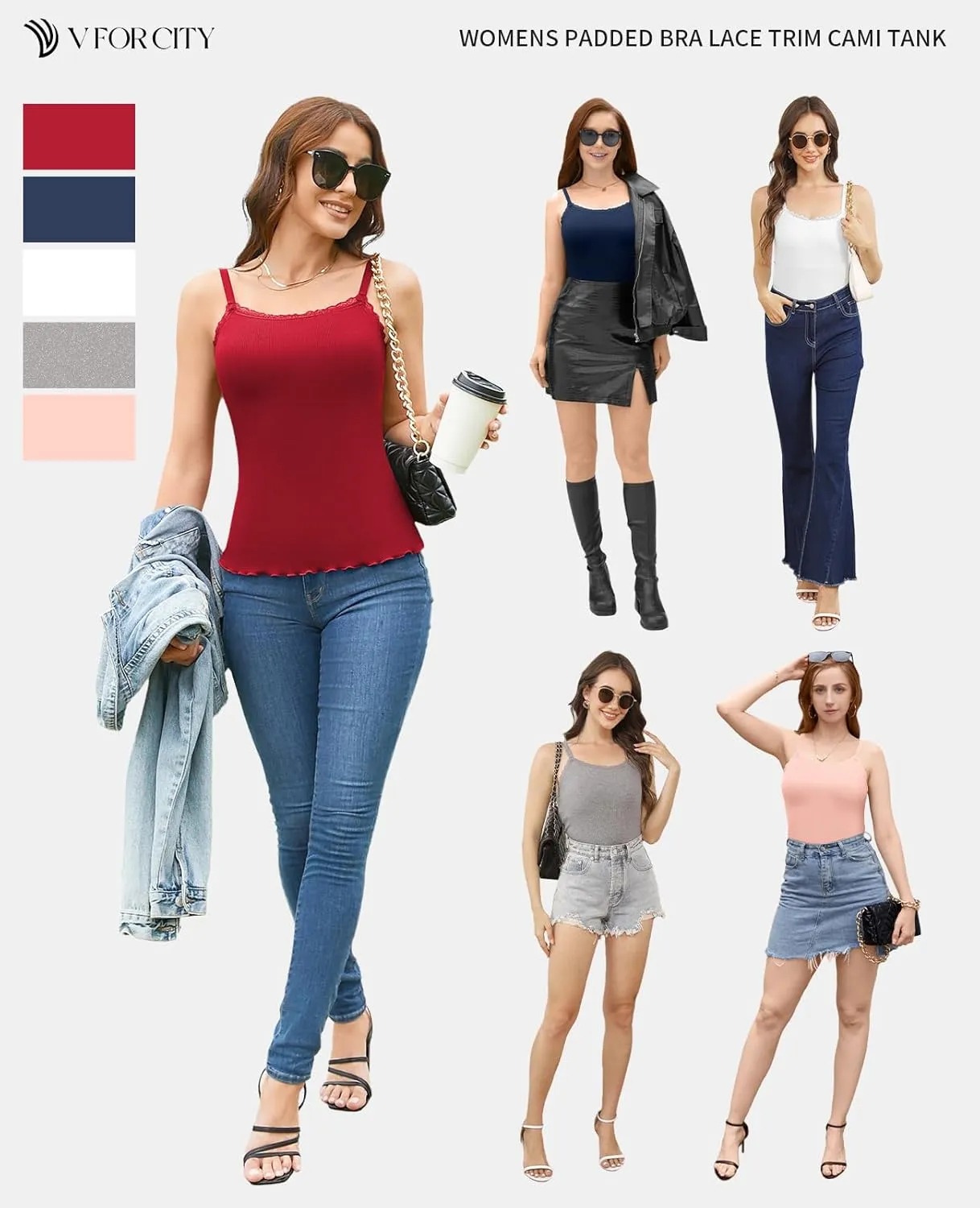 V FOR CITY Camisoles for Women with Built-in Bra Lace Trim Cami Adjustable Spaghetti Strap Lettuce Hem Ribbed Tank Top
