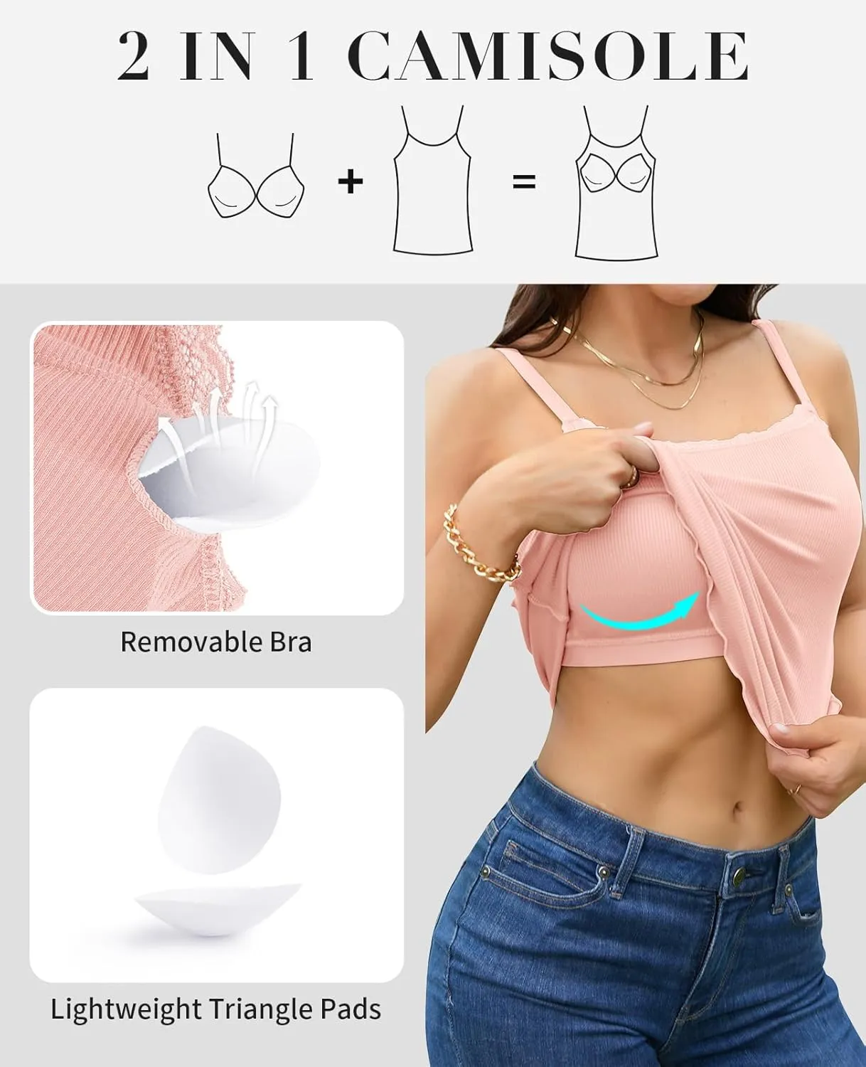 V FOR CITY Camisoles for Women with Built-in Bra Lace Trim Cami Adjustable Spaghetti Strap Lettuce Hem Ribbed Tank Top