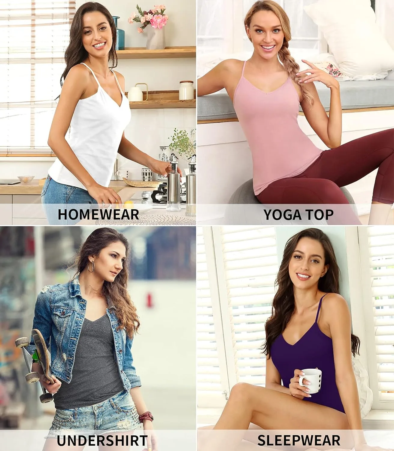 V FOR CITY Women V-Neck Camisole with Shelf Bra Slim Fit Cotton Tank Tops Cami Shirts for Layering 2 Pack
