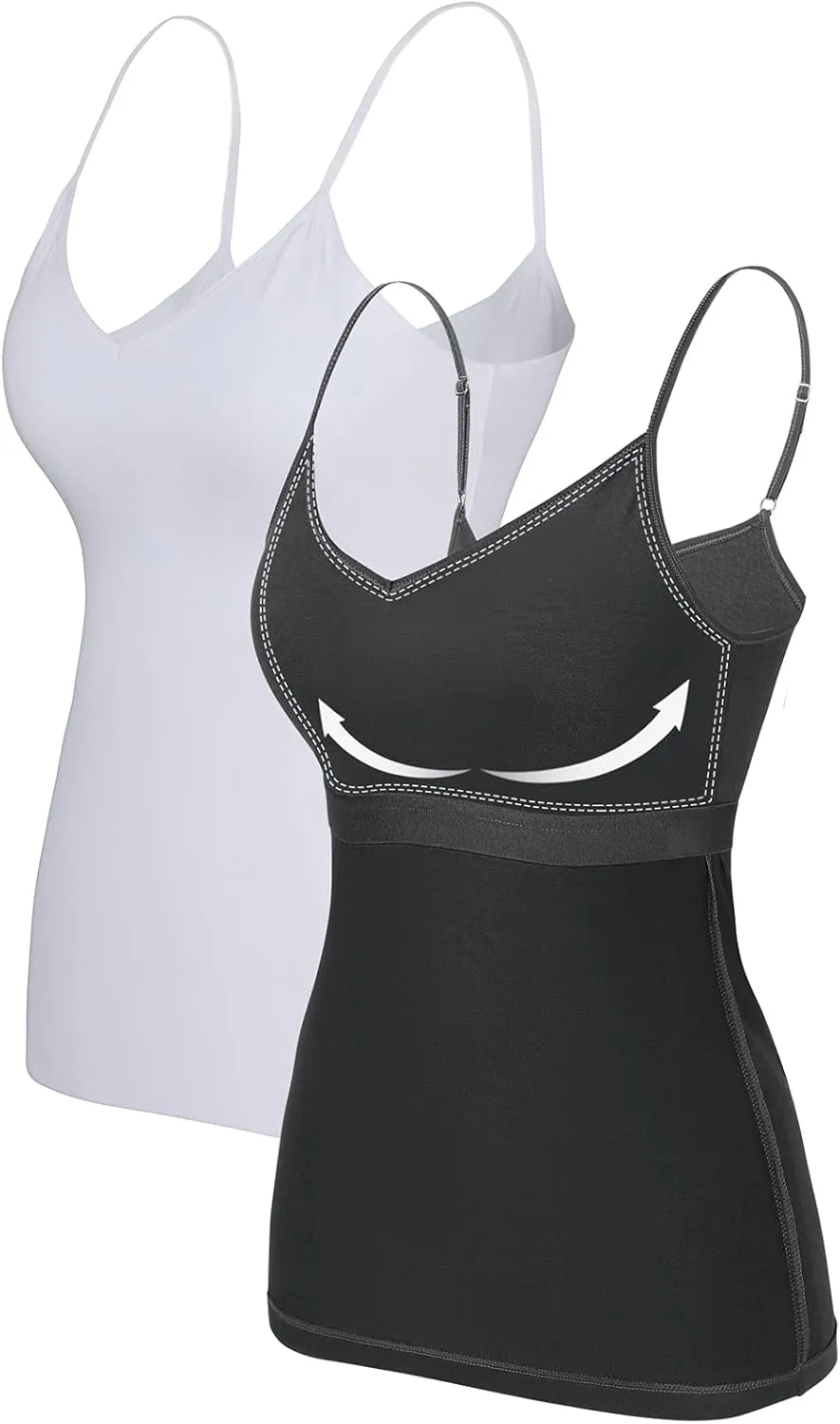 V FOR CITY Women V-Neck Camisole with Shelf Bra Slim Fit Cotton Tank Tops Cami Shirts for Layering 2 Pack