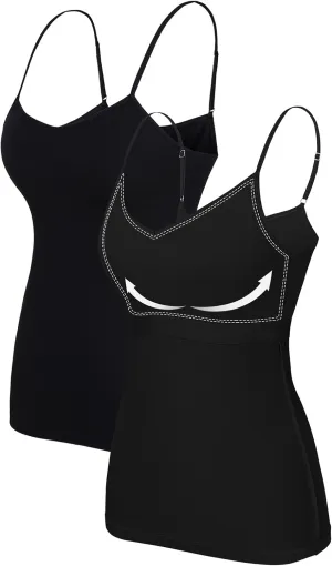V FOR CITY Women V-Neck Camisole with Shelf Bra Slim Fit Cotton Tank Tops Cami Shirts for Layering 2 Pack
