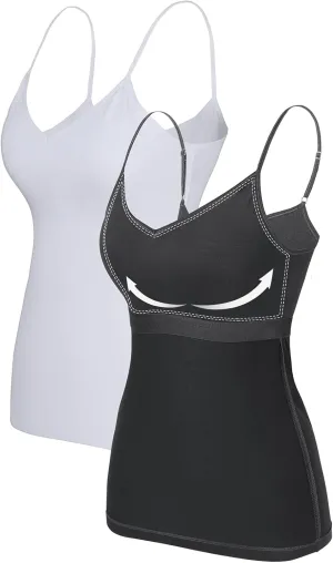 V FOR CITY Women V-Neck Camisole with Shelf Bra Slim Fit Cotton Tank Tops Cami Shirts for Layering 2 Pack