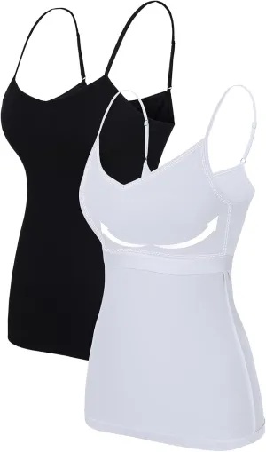 V FOR CITY Women V-Neck Camisole with Shelf Bra Slim Fit Cotton Tank Tops Cami Shirts for Layering 2 Pack