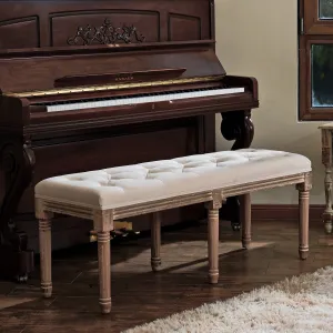 valiant 48" French Vintage Tufted Bench, Birch & Rubberwood, Beige