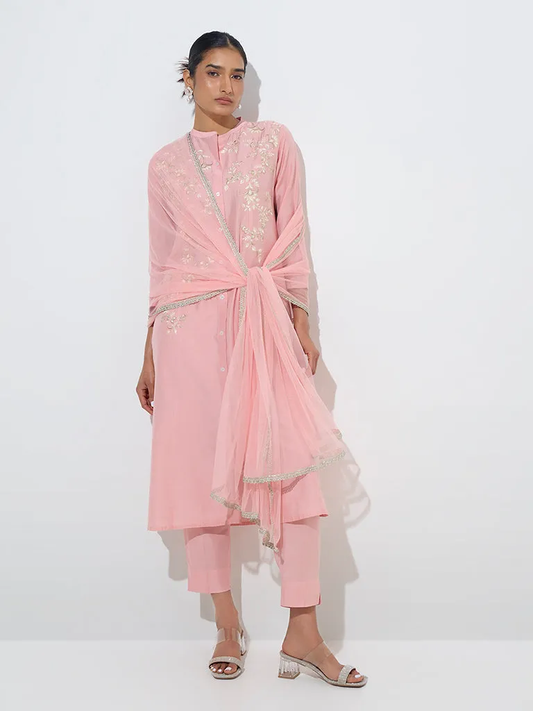 Vark Light Pink Embroidered Kurta, Pants, and Dupatta Set