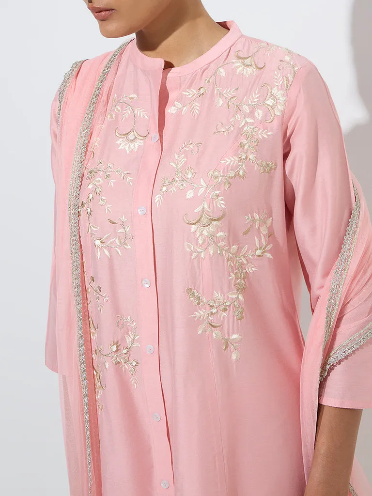 Vark Light Pink Embroidered Kurta, Pants, and Dupatta Set