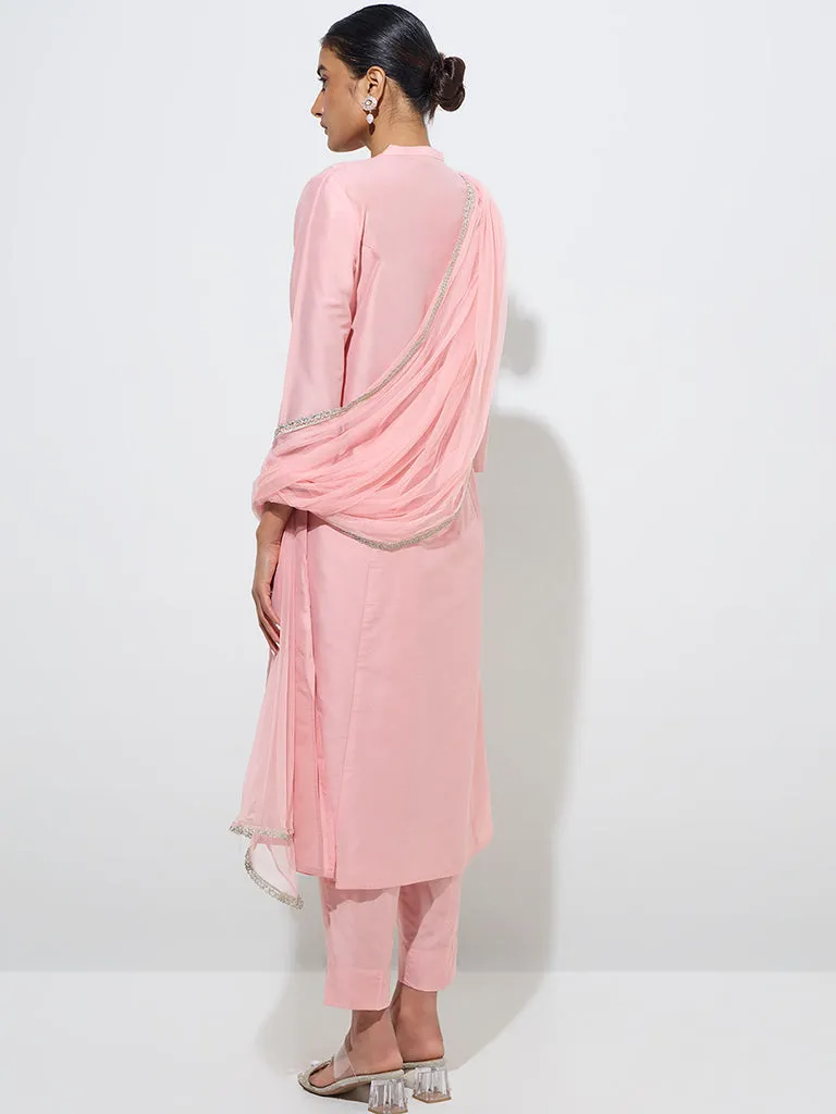Vark Light Pink Embroidered Kurta, Pants, and Dupatta Set