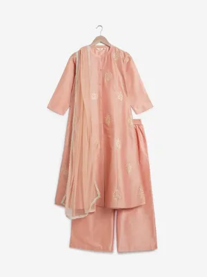 Vark Peach A-Line Kurta, Dupatta And Palazzos
