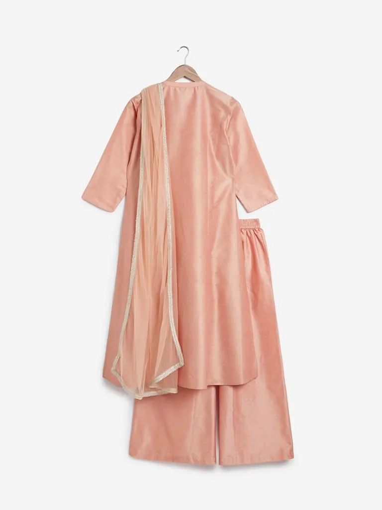 Vark Peach A-Line Kurta, Dupatta And Palazzos
