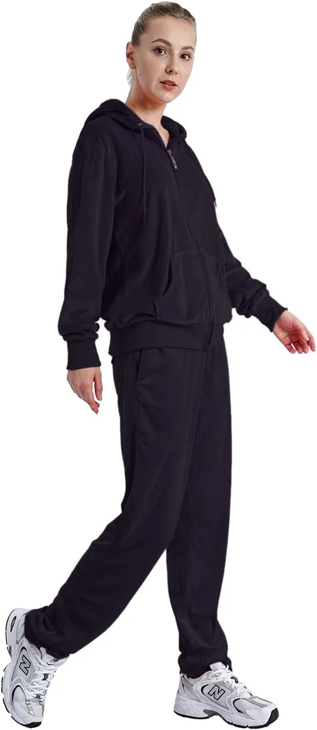 Velour Sweatsuits for Women Casual Zip Up Hooded Jackets and Long Pants 2 Pieces Outfits Sets