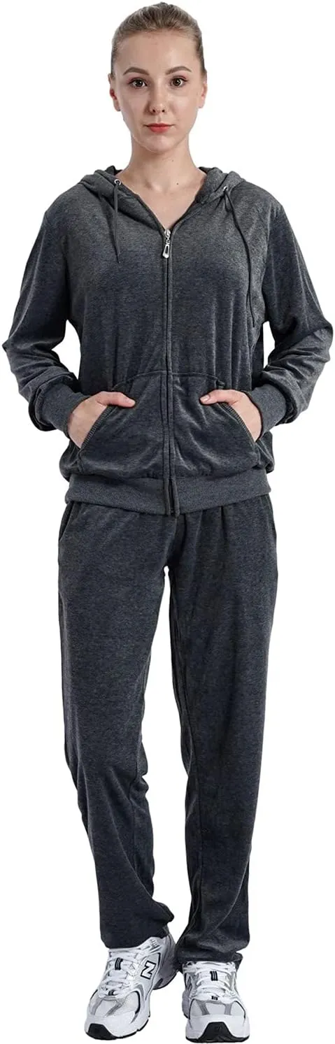 Velour Sweatsuits for Women Casual Zip Up Hooded Jackets and Long Pants 2 Pieces Outfits Sets