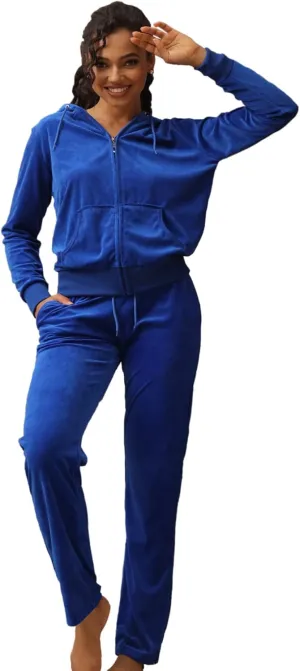 Velour Sweatsuits for Women Casual Zip Up Hooded Jackets and Long Pants 2 Pieces Outfits Sets