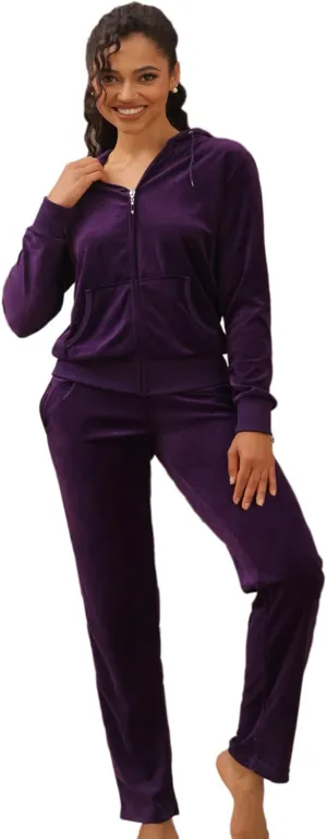 Velour Sweatsuits for Women Casual Zip Up Hooded Jackets and Long Pants 2 Pieces Outfits Sets