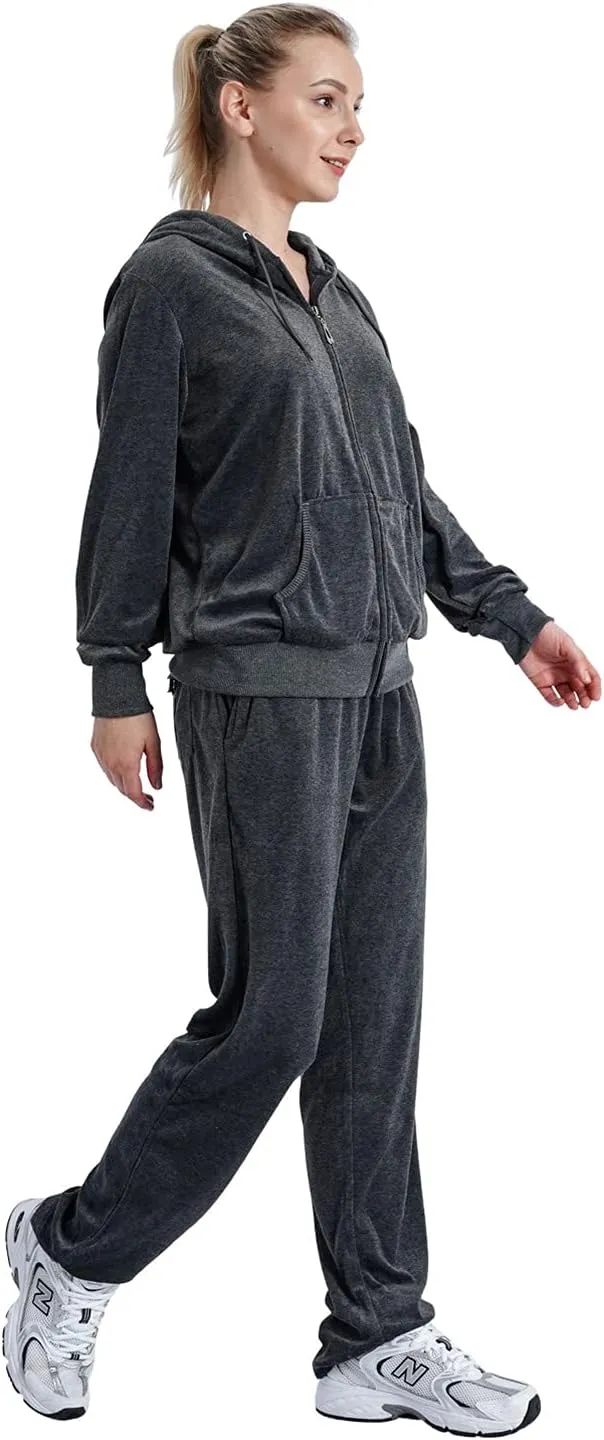 Velour Sweatsuits for Women Casual Zip Up Hooded Jackets and Long Pants 2 Pieces Outfits Sets