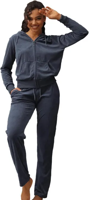 Velour Sweatsuits for Women Casual Zip Up Hooded Jackets and Long Pants 2 Pieces Outfits Sets
