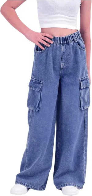 Verdusa Girl's Loose Wide Leg Denim Cargo Pants Elastic Waist Jeans with Pockets
