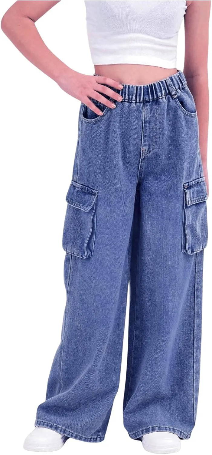 Verdusa Girl's Loose Wide Leg Denim Cargo Pants Elastic Waist Jeans with Pockets