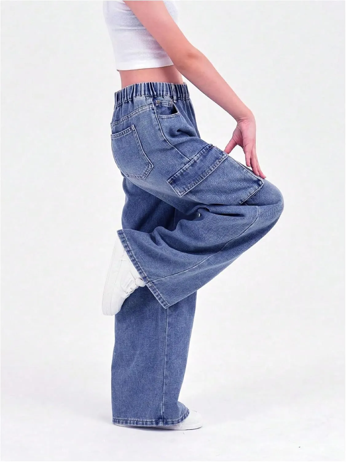 Verdusa Girl's Loose Wide Leg Denim Cargo Pants Elastic Waist Jeans with Pockets