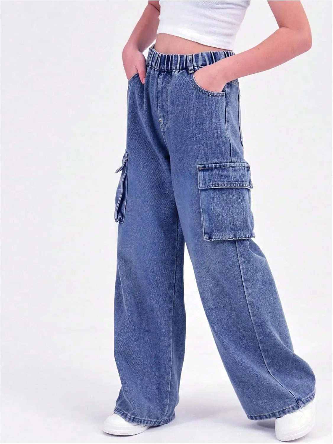 Verdusa Girl's Loose Wide Leg Denim Cargo Pants Elastic Waist Jeans with Pockets