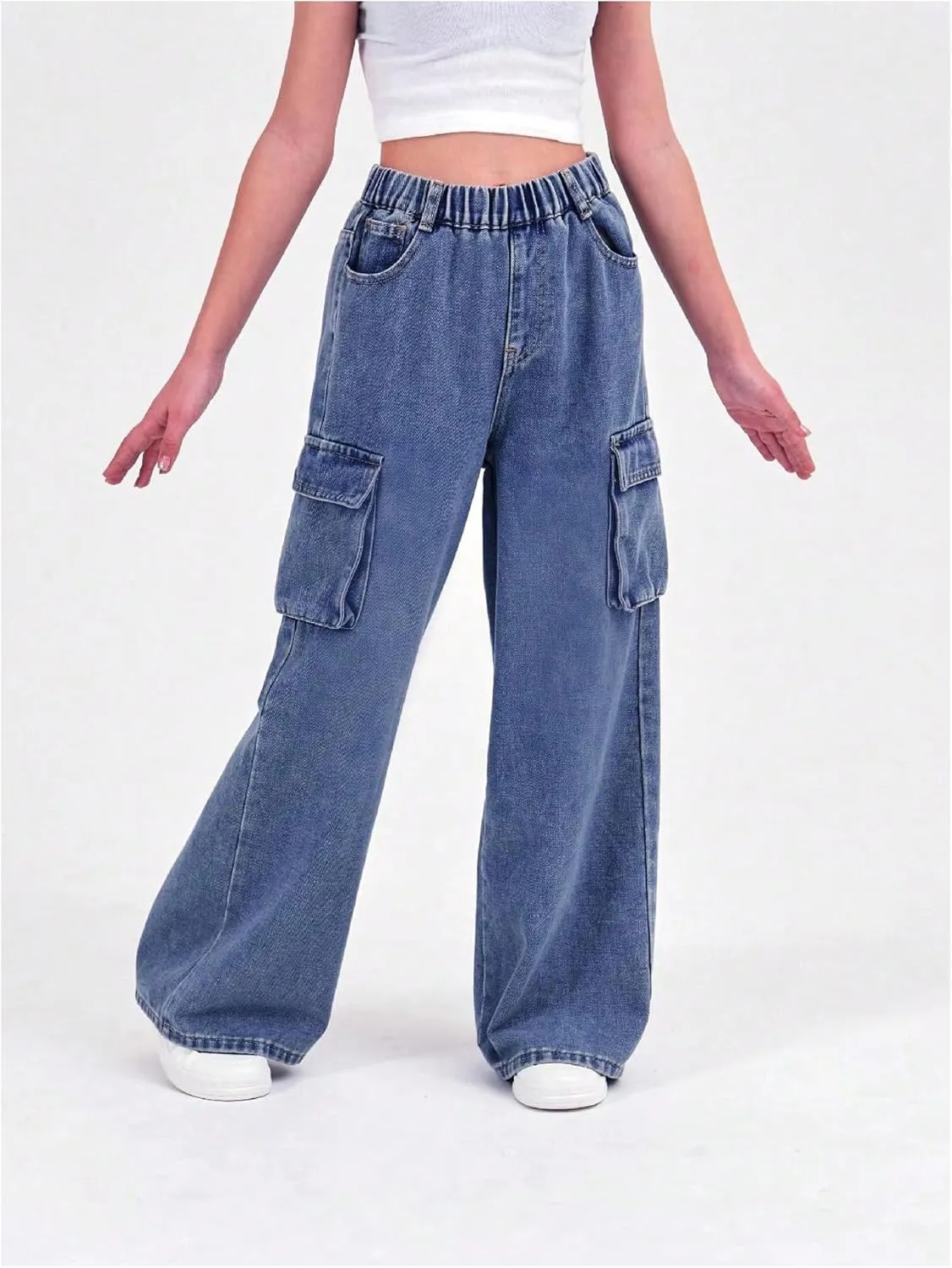 Verdusa Girl's Loose Wide Leg Denim Cargo Pants Elastic Waist Jeans with Pockets